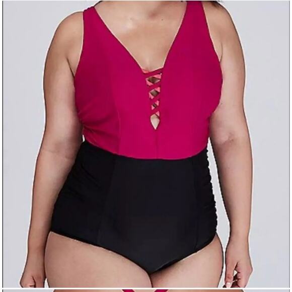 Swim by Cacique Hot Pink Black Colorblock One Piece Size 26 Adjustable Strap - Picture 1 of 5